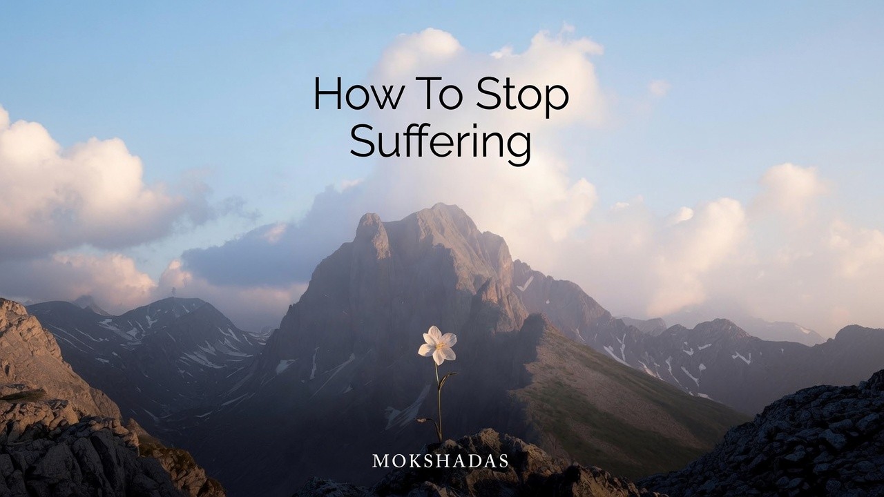 How To Stop Suffering, by Mokshadas. A single white flower on a rock, with a mountain and morning clouds behind it.